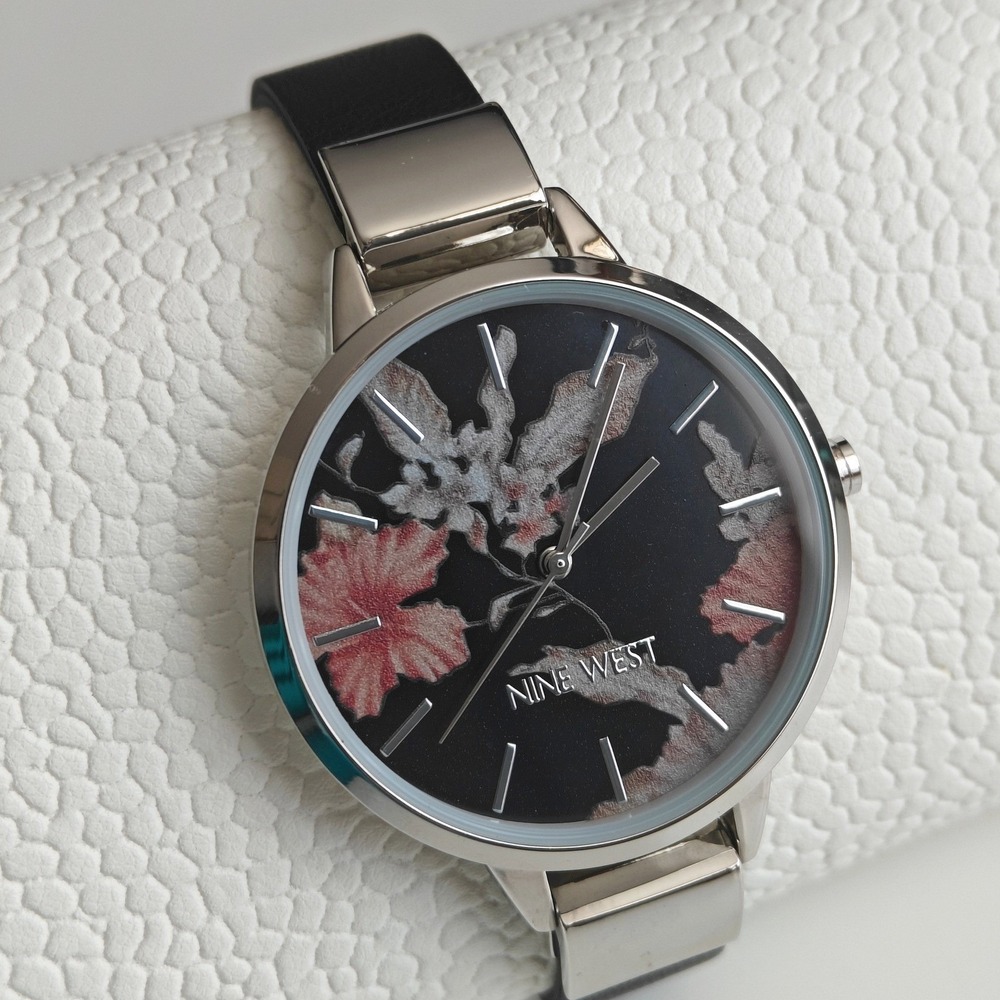 Nine West Womens Floral Dial Black Leather Strap Watch New Silver Tone Steel